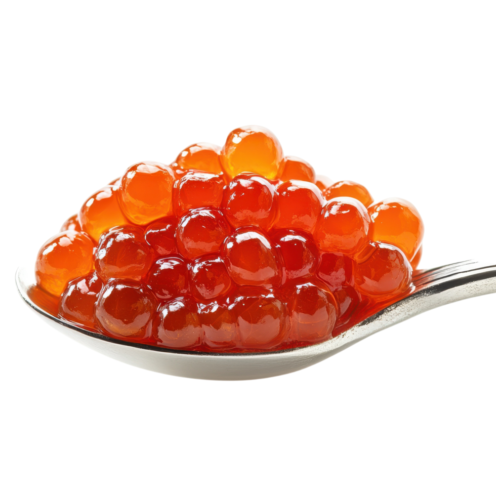 Fresh Salmon Roe on Silver Spoon, Isolated on Transparent Background png