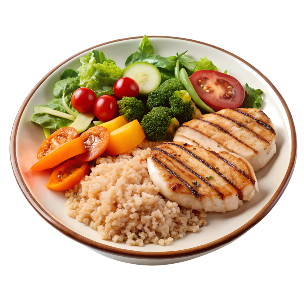 Delicious Grilled Chicken and Quinoa Meal with Fresh Vegetables Isolated on Transparent Background png