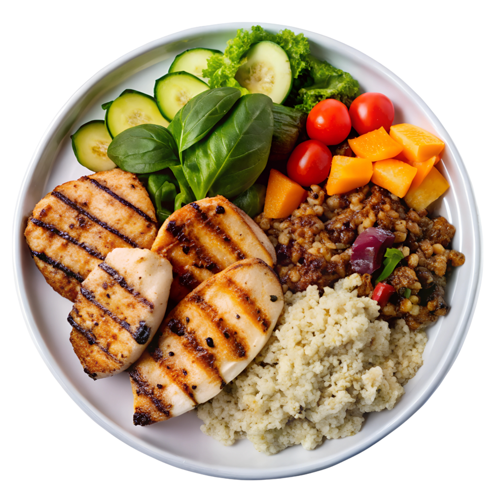 Nutritious Lunch Plate with Grilled Chicken, Quinoa, and Vegetables Isolated on Transparent Background png