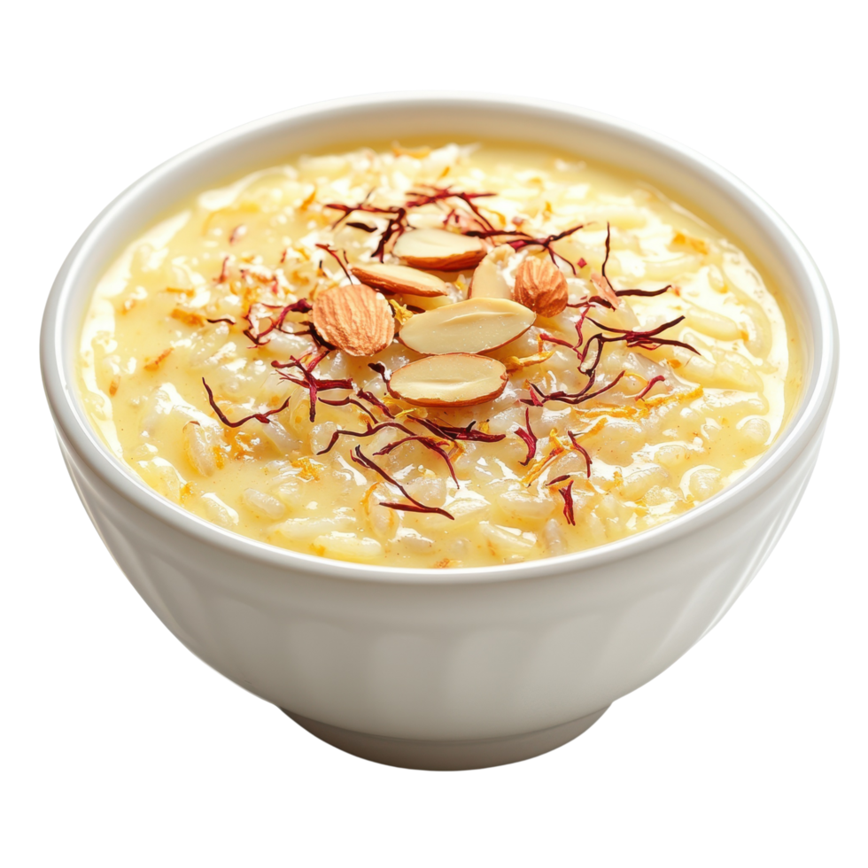 A beautifully plated bowl of Kheer, traditional Indian rice pudding, garnished with almonds and saffron isolated transparent background png