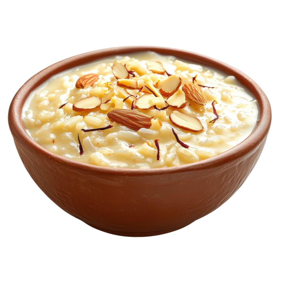 A beautifully plated bowl of Kheer, traditional Indian rice pudding, garnished with almonds and saffron, isolated on transparent background png