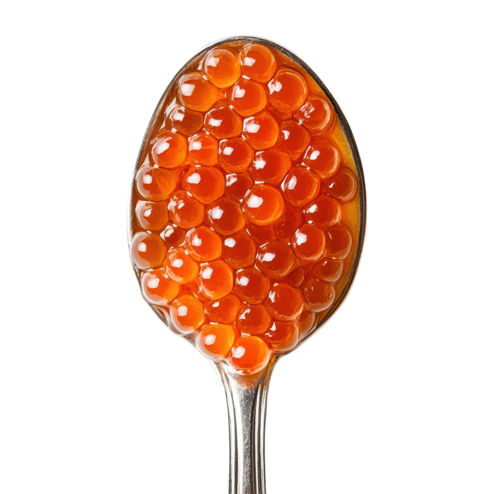Glossy Red Salmon Caviar on Silver Spoon, Isolated on Transparent Background png