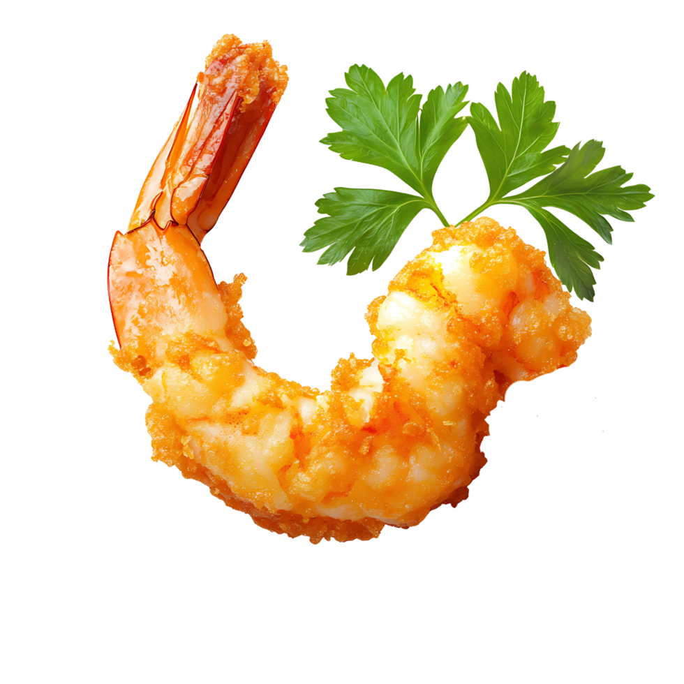 Golden Fried Prawn with Crispy Batter and Parsley Garnish Isolated on Transparent Background png