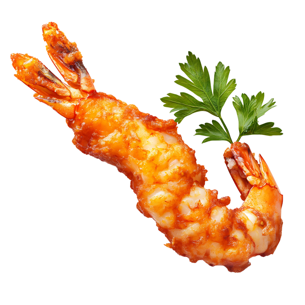 Crispy Fried Prawn with Golden Batter and Parsley Garnish Isolated on Transparent Background png
