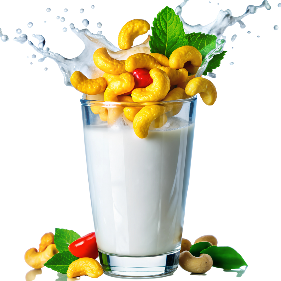 Close up cashew nuts splashing into creamy milk, droplets frozen in mid-air, isolated on transparent Background png