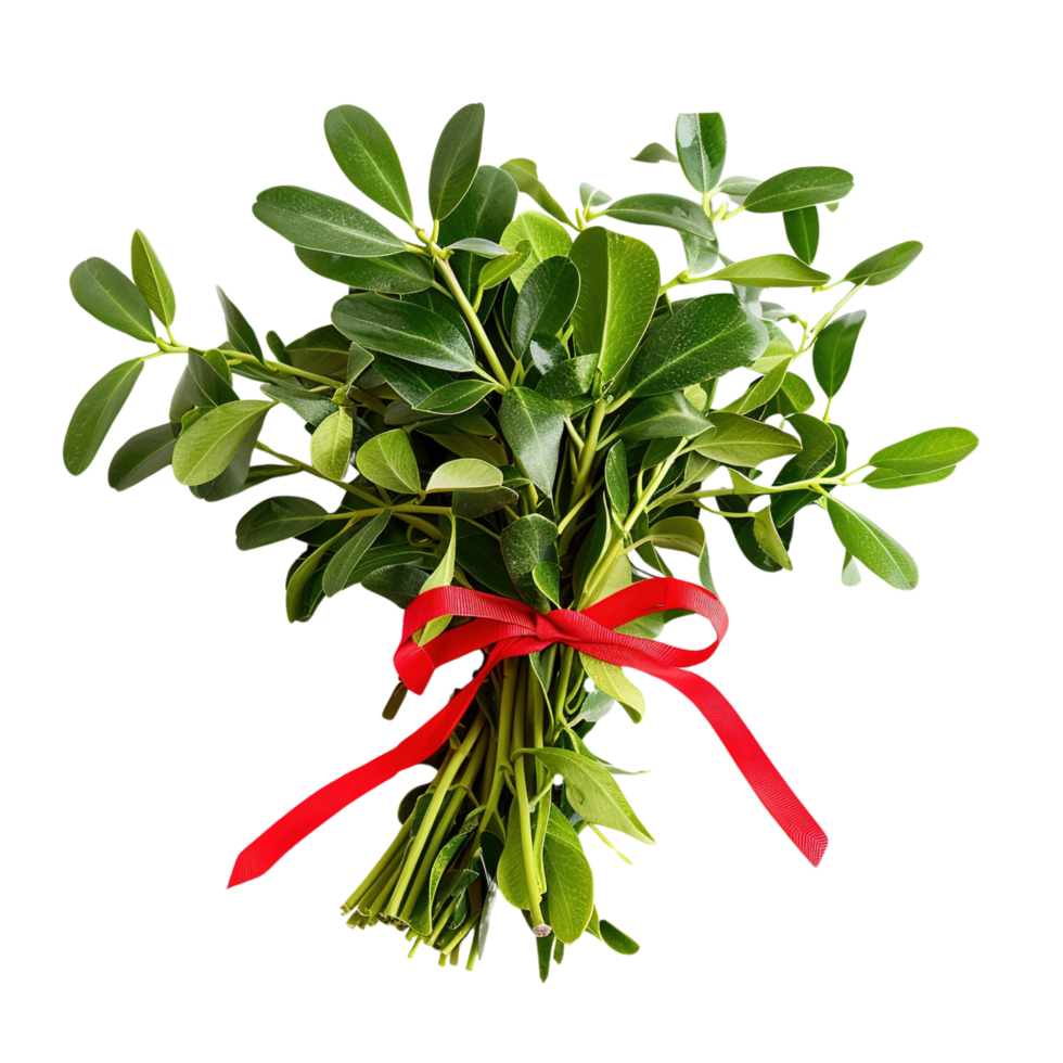 Traditional Green Mistletoe Bundle with a Festive Red Bow Isolated on Transparent Background png