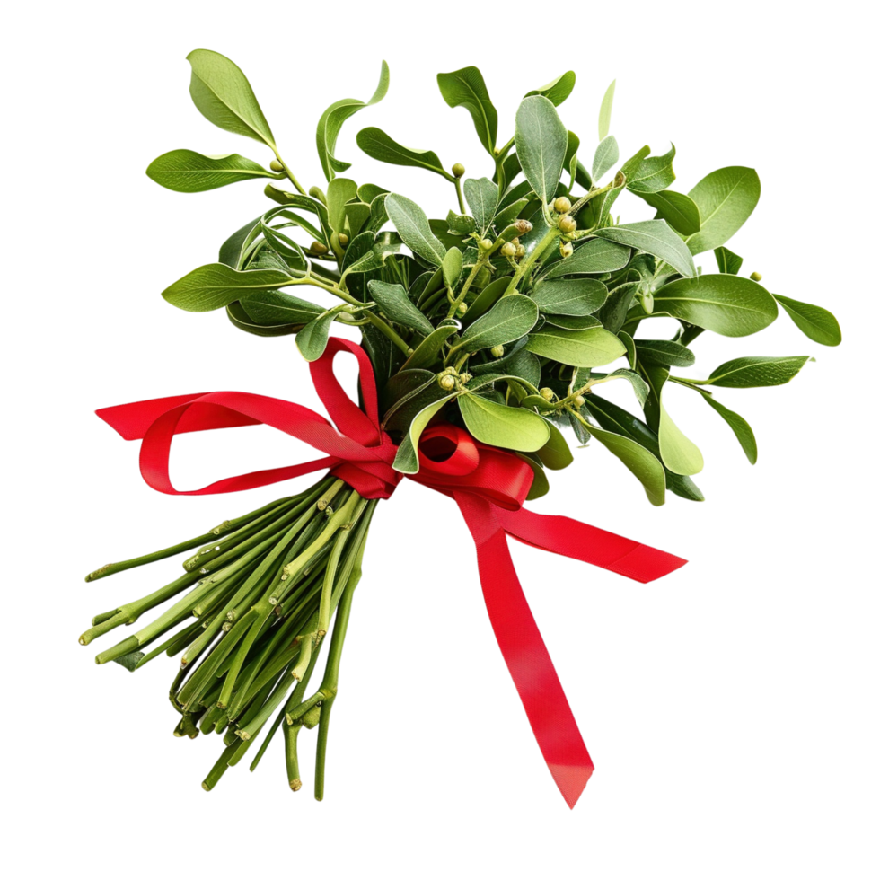 Elegant Christmas Mistletoe with a Bright Red Ribbon Bow Isolated on Transparent Background png