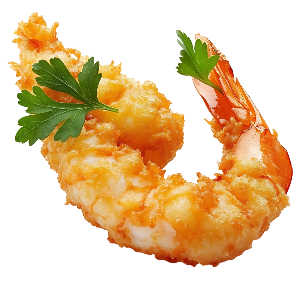 Gourmet Fried Prawn with Crispy Golden Batter and Parsley Isolated on Transparent Background png