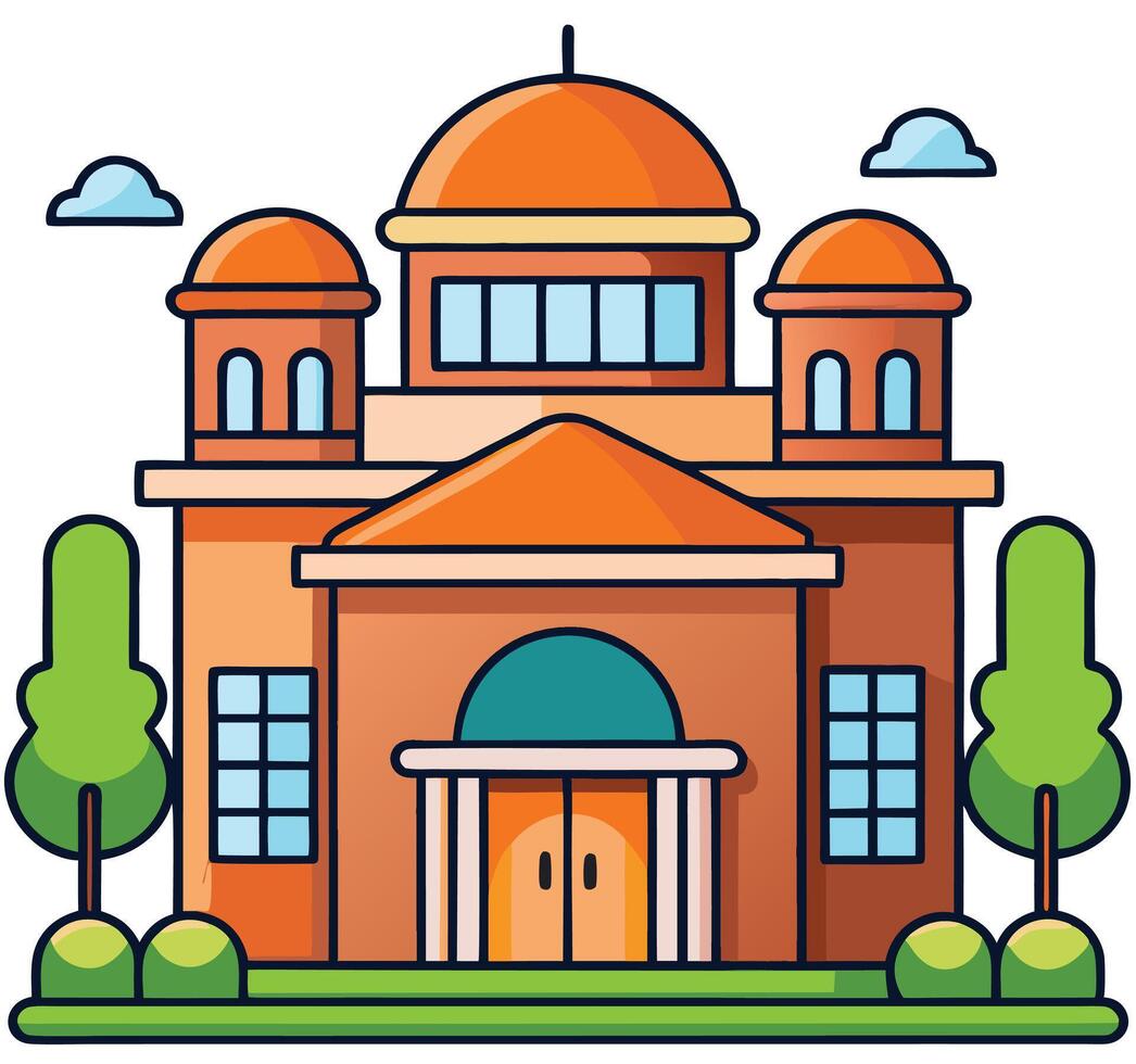 Cartoon Style Illustration Of A Grand Building With Trees And Sky vector