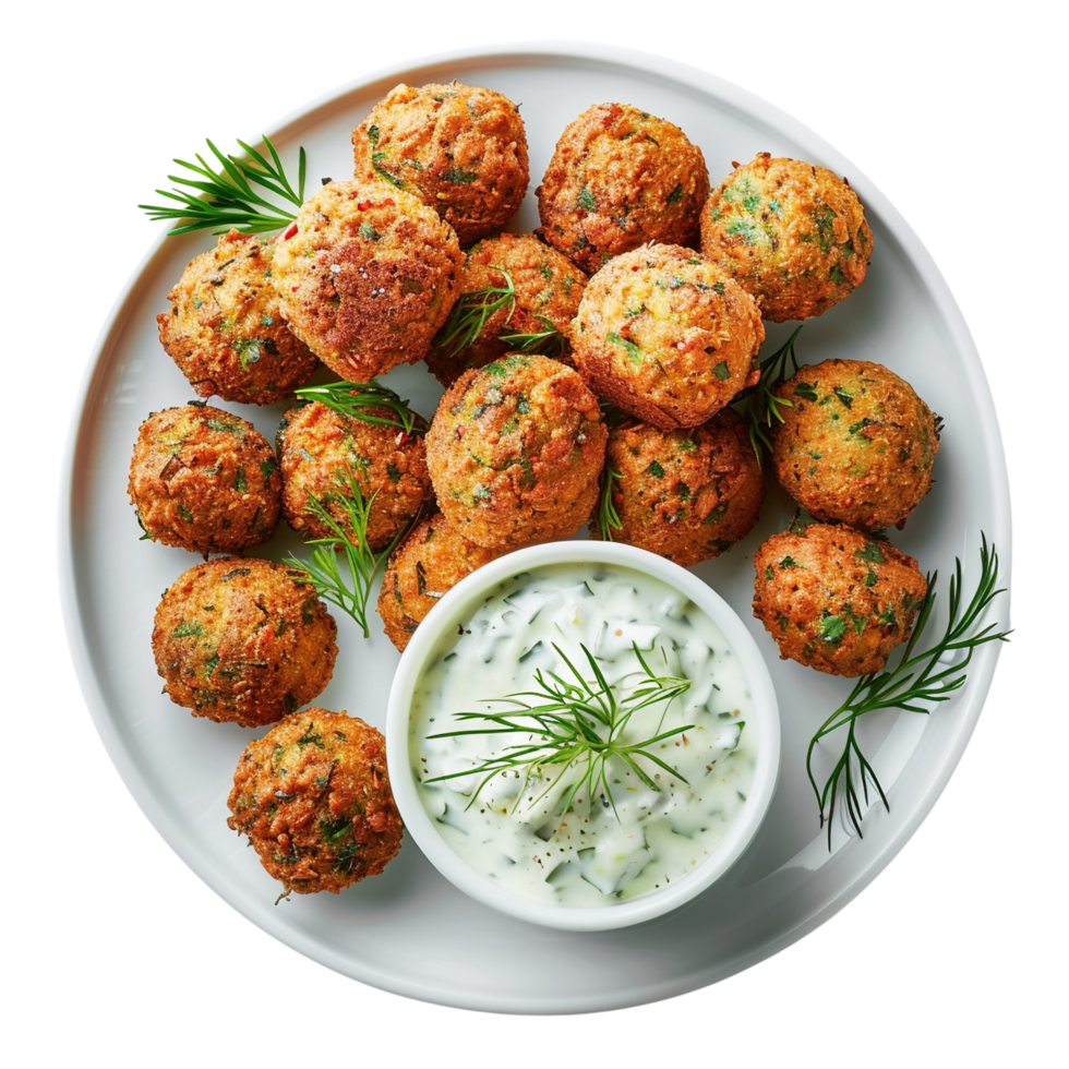 A close up shot freshly fried falafel balls and tzatziki sauce, isolated on a white background, Isolated on transparent Background png