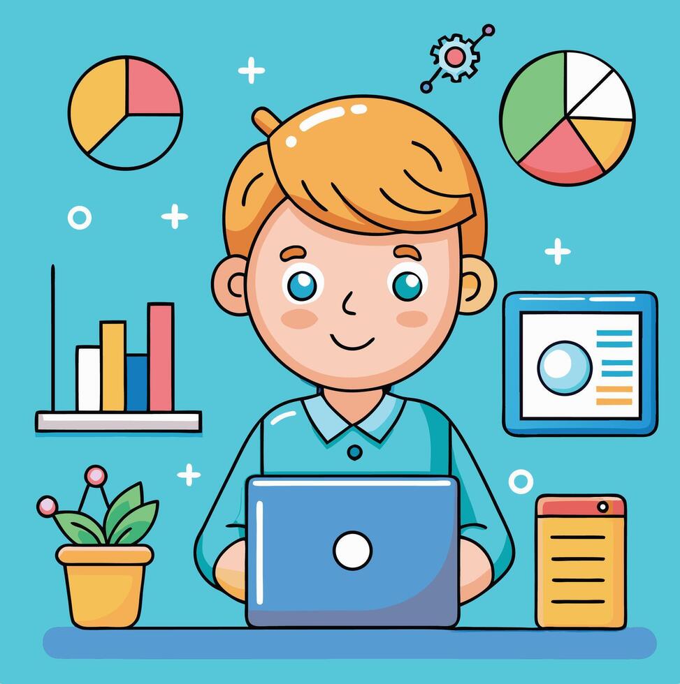 Boy Working On Laptop With Data Analysis Graphics And Business Elements vector
