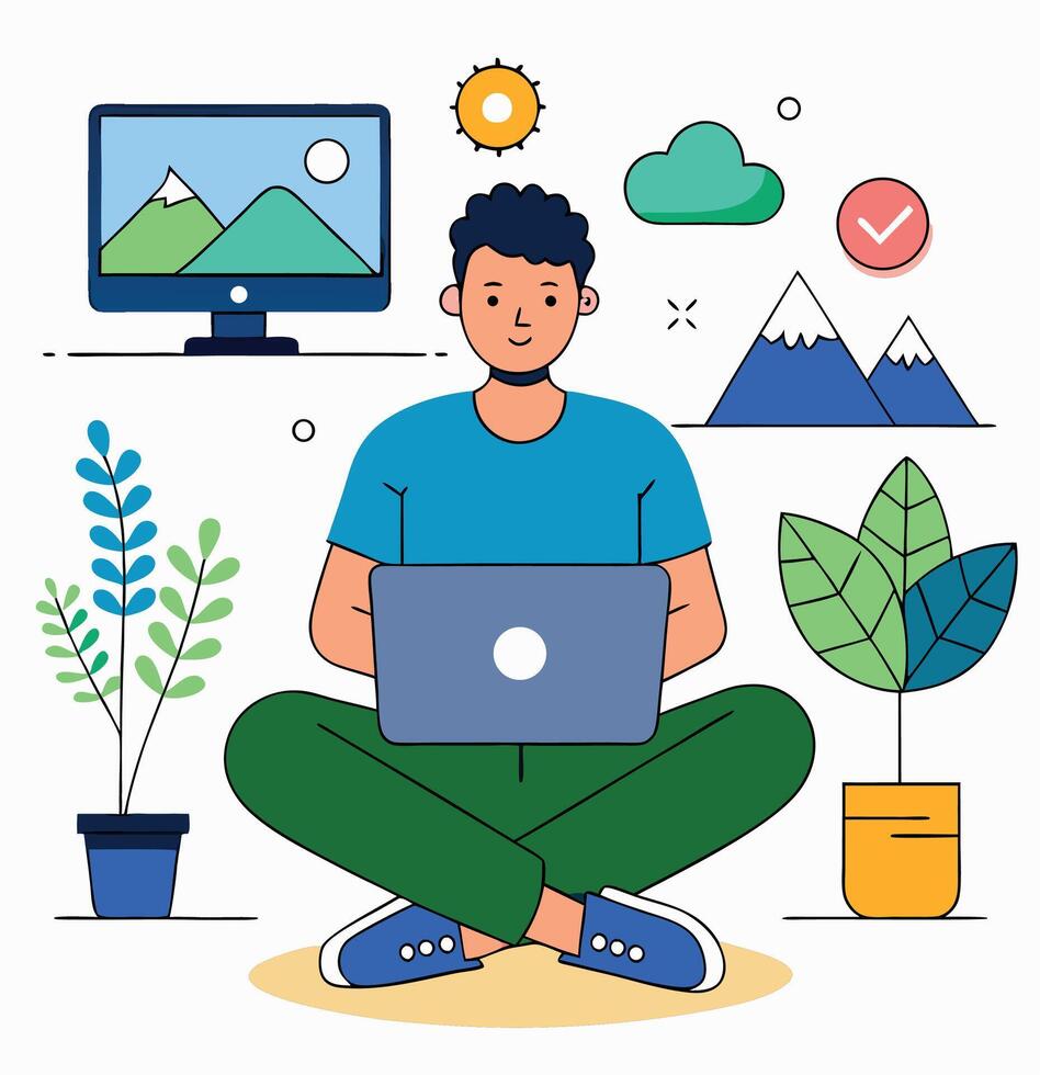 Man Working From Home With Laptop And Plants In Flat Style vector