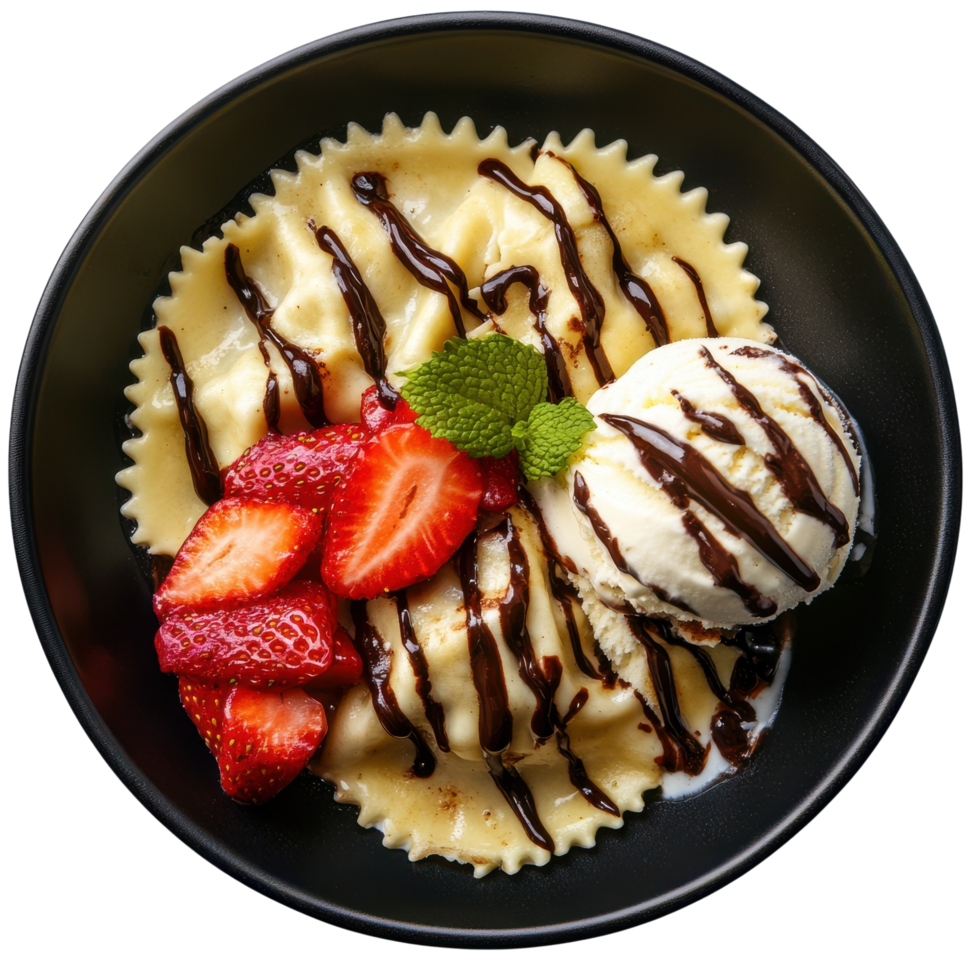 Dumpling ravioli drizzled chocolate sauce, vanilla ice cream and fresh strawberries transparent Background png
