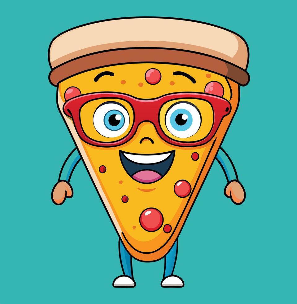 Cheerful Pepperoni Pizza Slice Cartoon Character With Glasses On Isolated Background vector