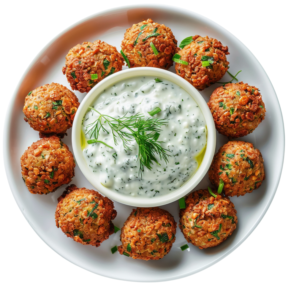 A freshly fried falafel balls and tzatziki sauce, isolated on a white background, Isolated on transparent Background png