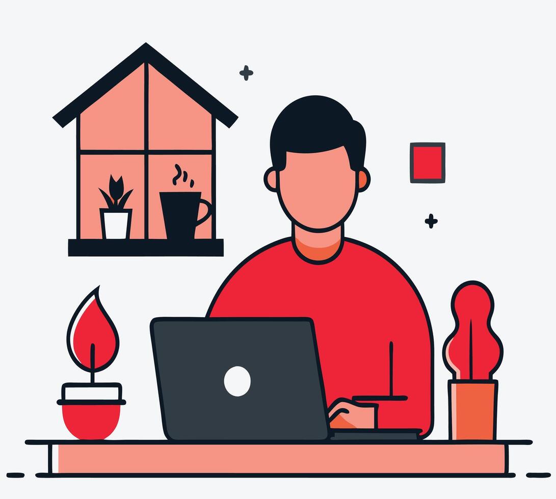 Remote Worker Using Laptop At Desk With Plants And Coffee Illustration vector