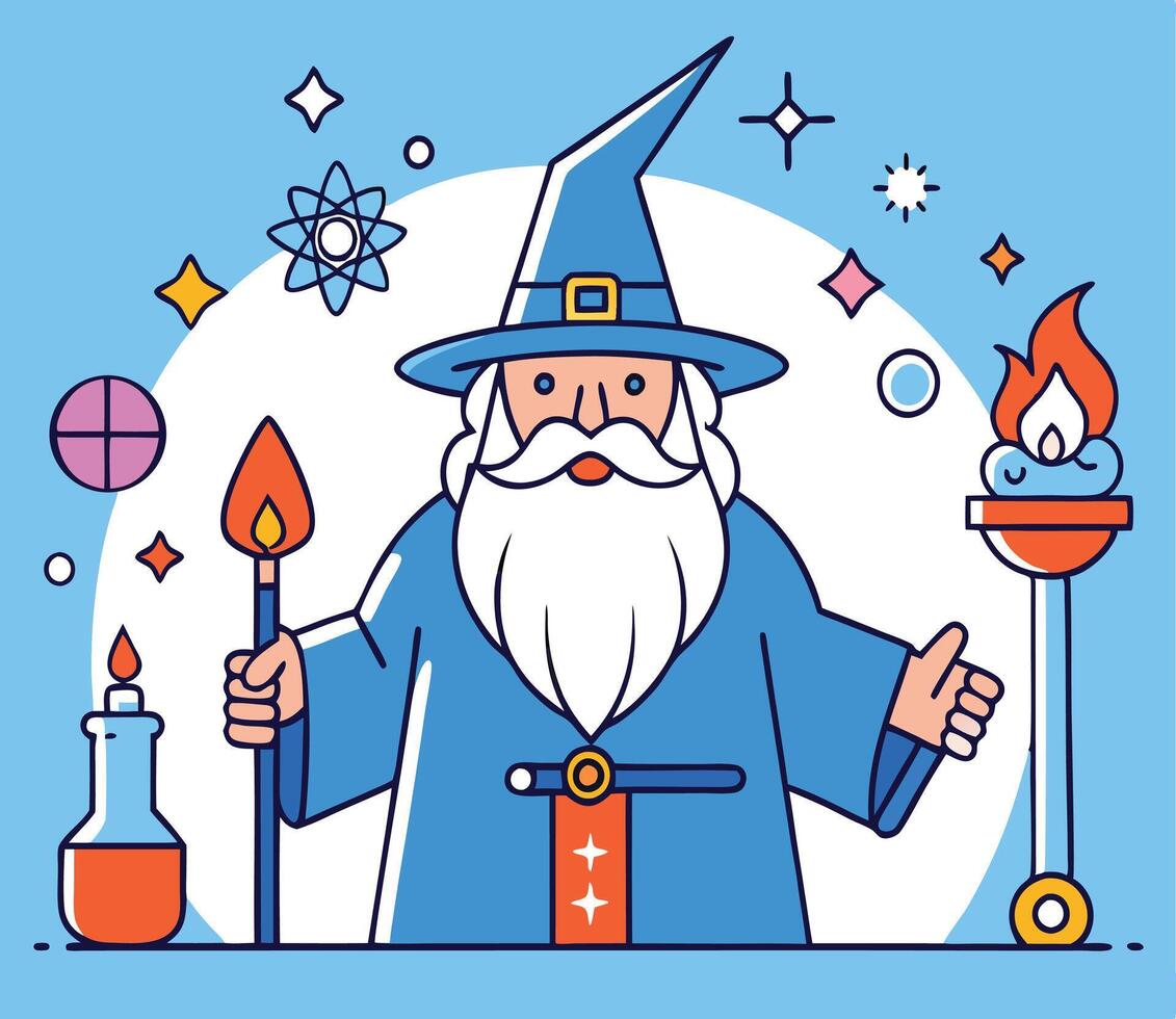 Cartoon Wizard Character With Magic Elements In Modern Flat Style vector