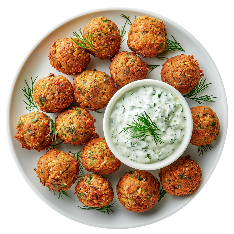 A close up freshly fried falafel balls and tzatziki sauce, Isolated on transparent Background png