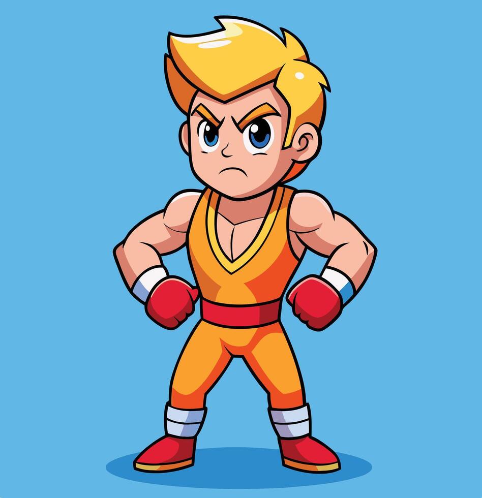 Cartoon Fighter Character With Gloves Ready For Action On Blue Background vector