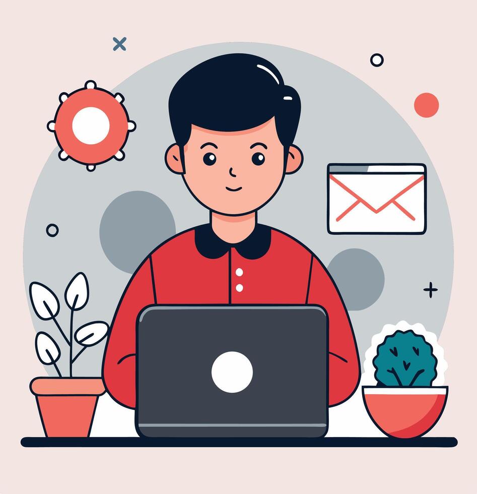 Cartoon Man Working On Laptop With Plants And Email Icon Illustration vector
