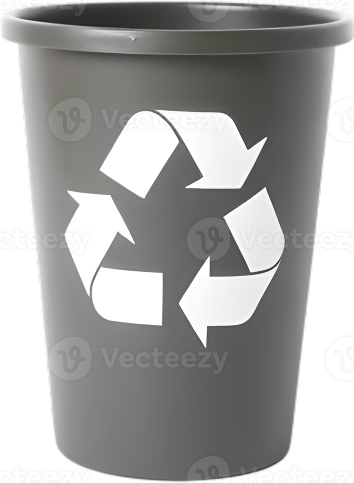 A gray trash can with a recycling symbol on it png