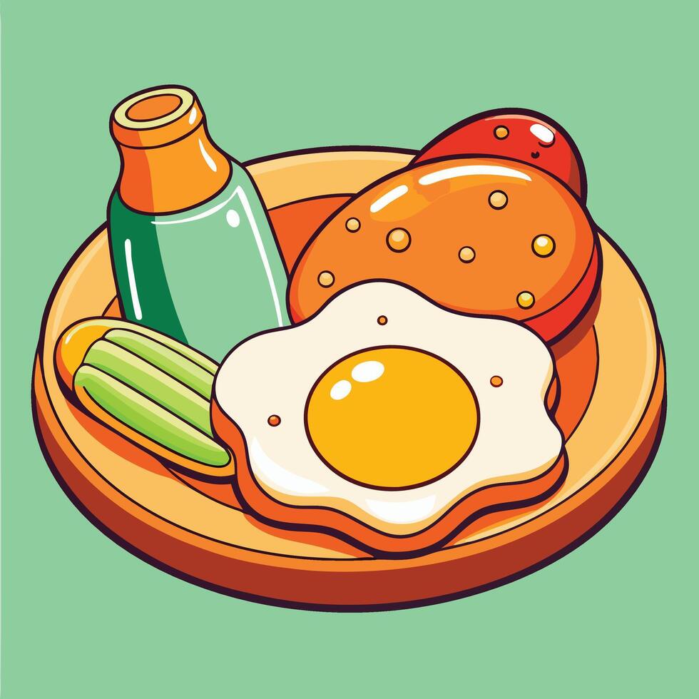Colorful Cartoon Breakfast Illustration Featuring Fried Egg Potatoes And A Drink vector