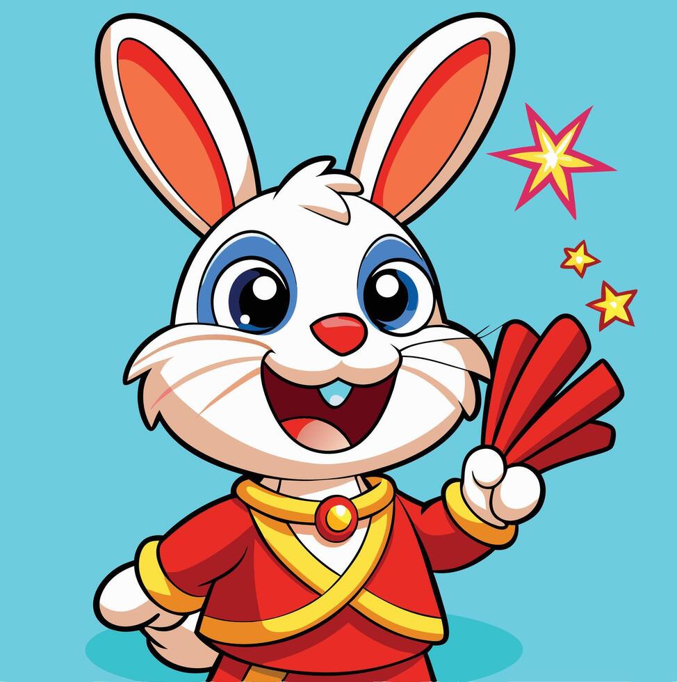 Cartoon Rabbit Celebrating Lunar New Year With Firecrackers On Light Blue Background vector