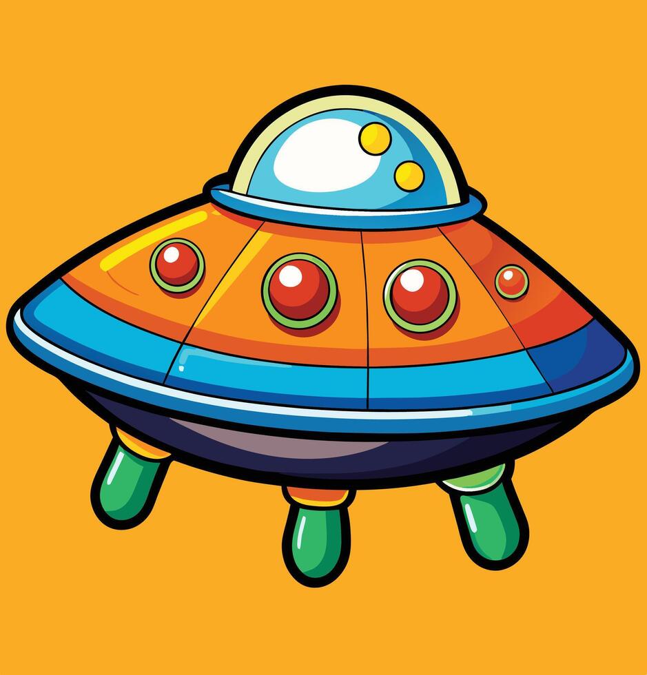 Colorful Cartoon Flying Saucer Illustration On Orange Background For Kids vector