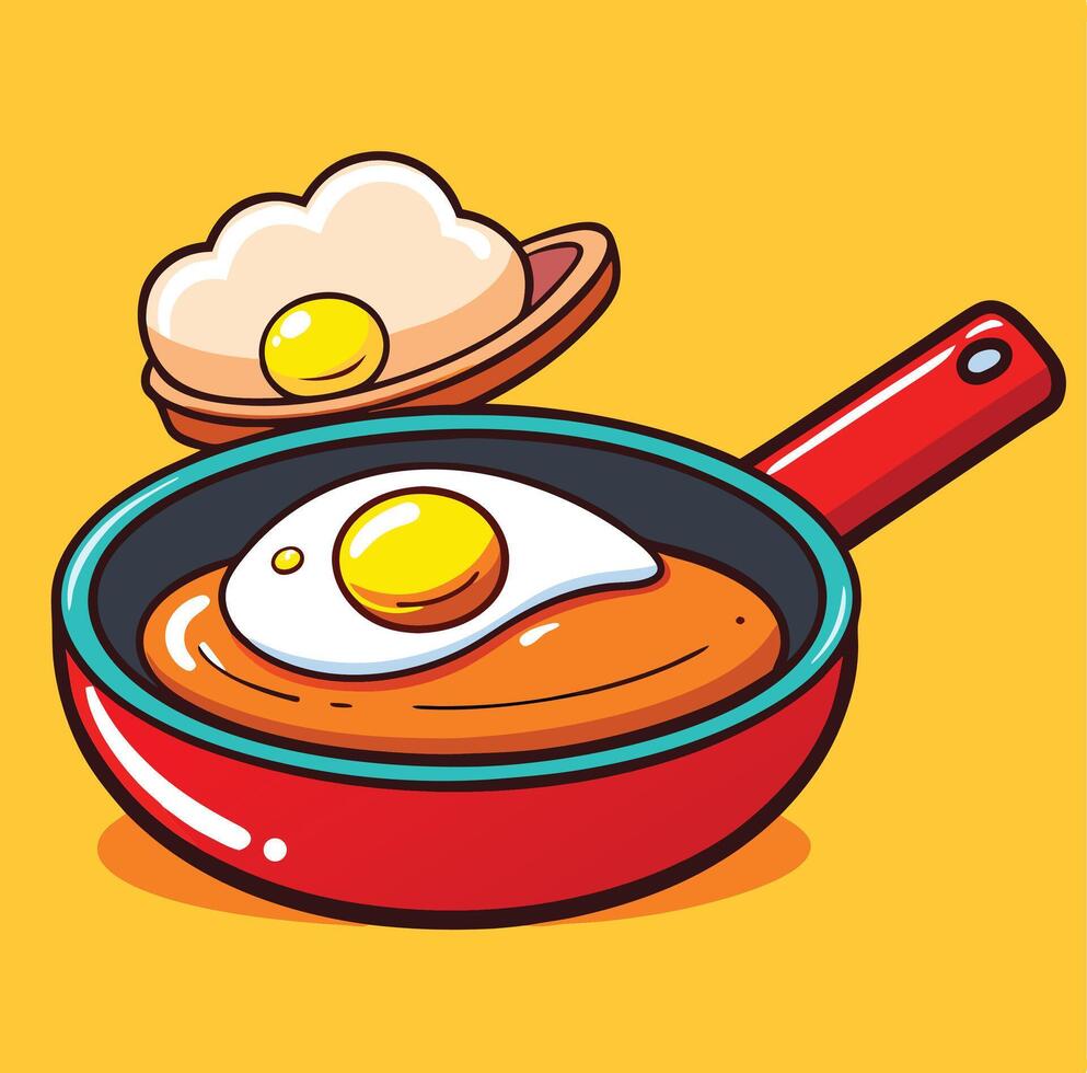Cartoon Fried Egg In Pan Illustration On Yellow Background Delicious Breakfast vector