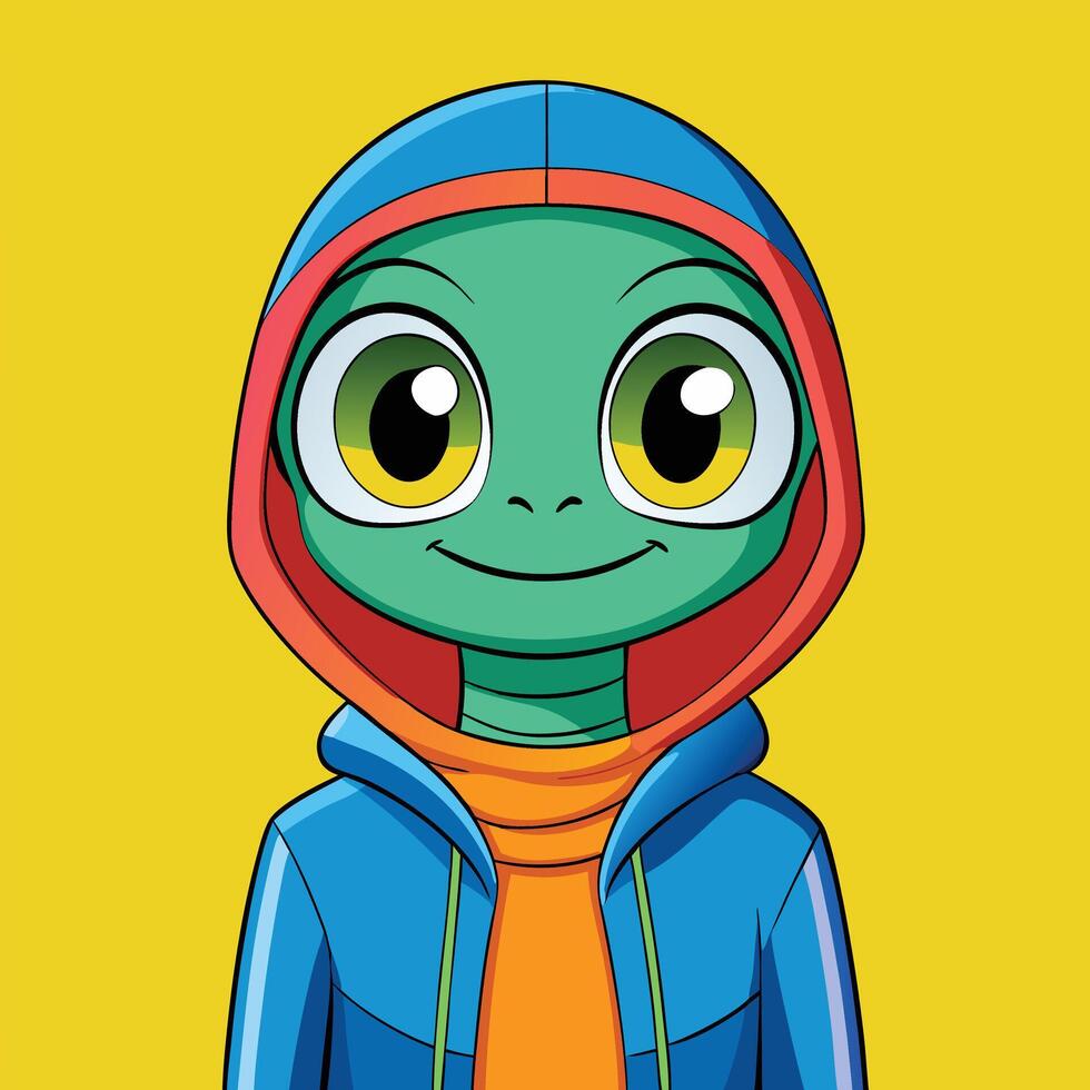Cartoon Alien Character With Hoodie And Big Eyes On Yellow Background vector