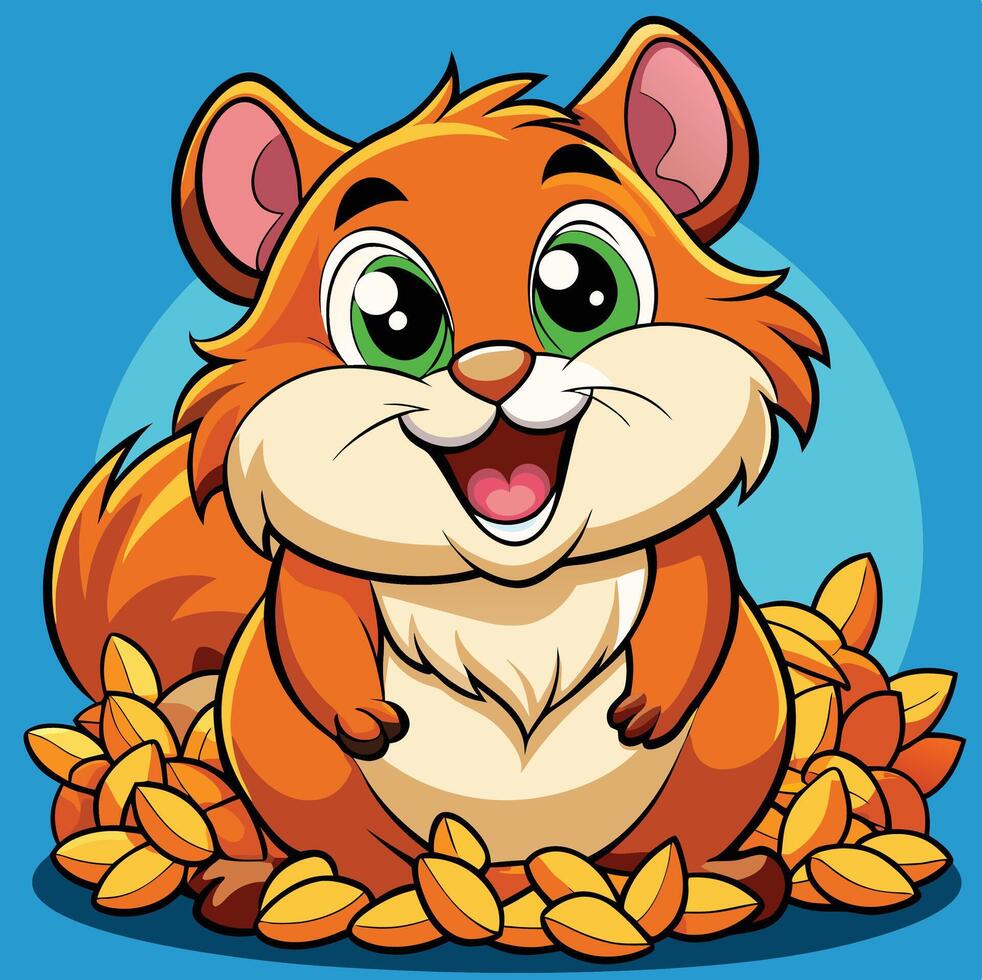 Cartoon Chipmunk Sitting Surrounded By Seeds On A Blue Background Illustration vector