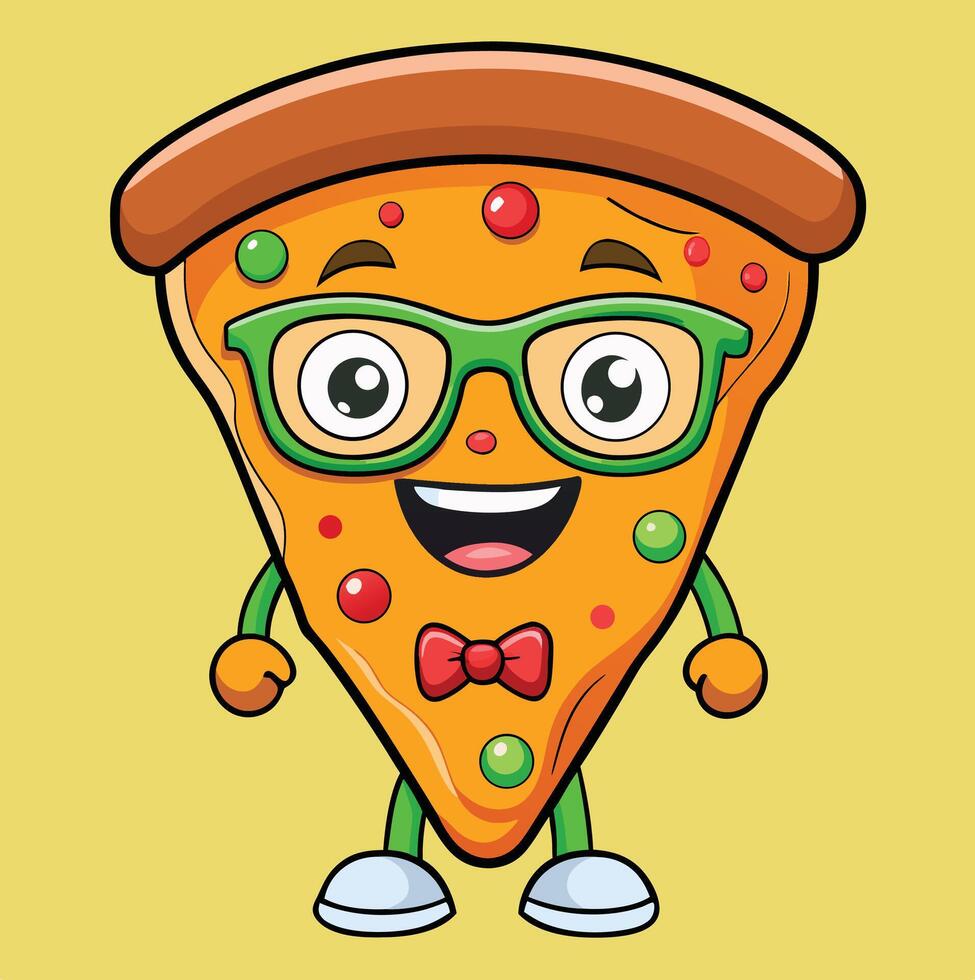 Cartoon Pizza Slice Character With Glasses Bow Tie And Funny Expression vector