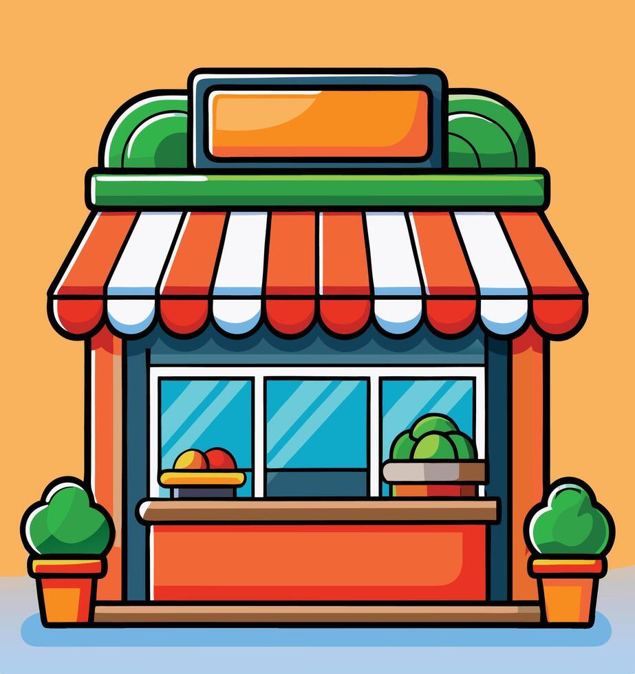Cute Cartoon Storefront Illustration With Awning And Potted Plants Design vector