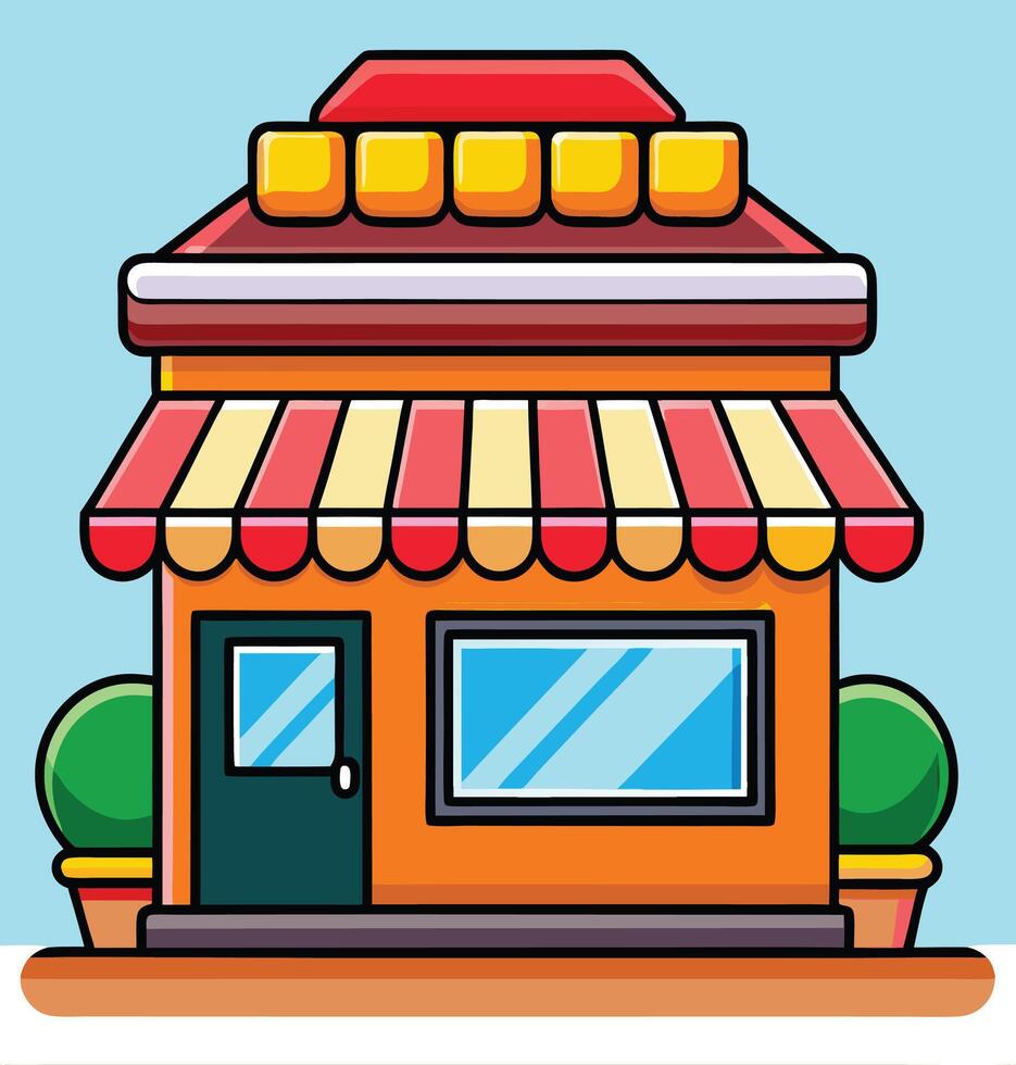 Cartoon Storefront Illustration With Striped Awning And Potted Plants On Light Blue vector