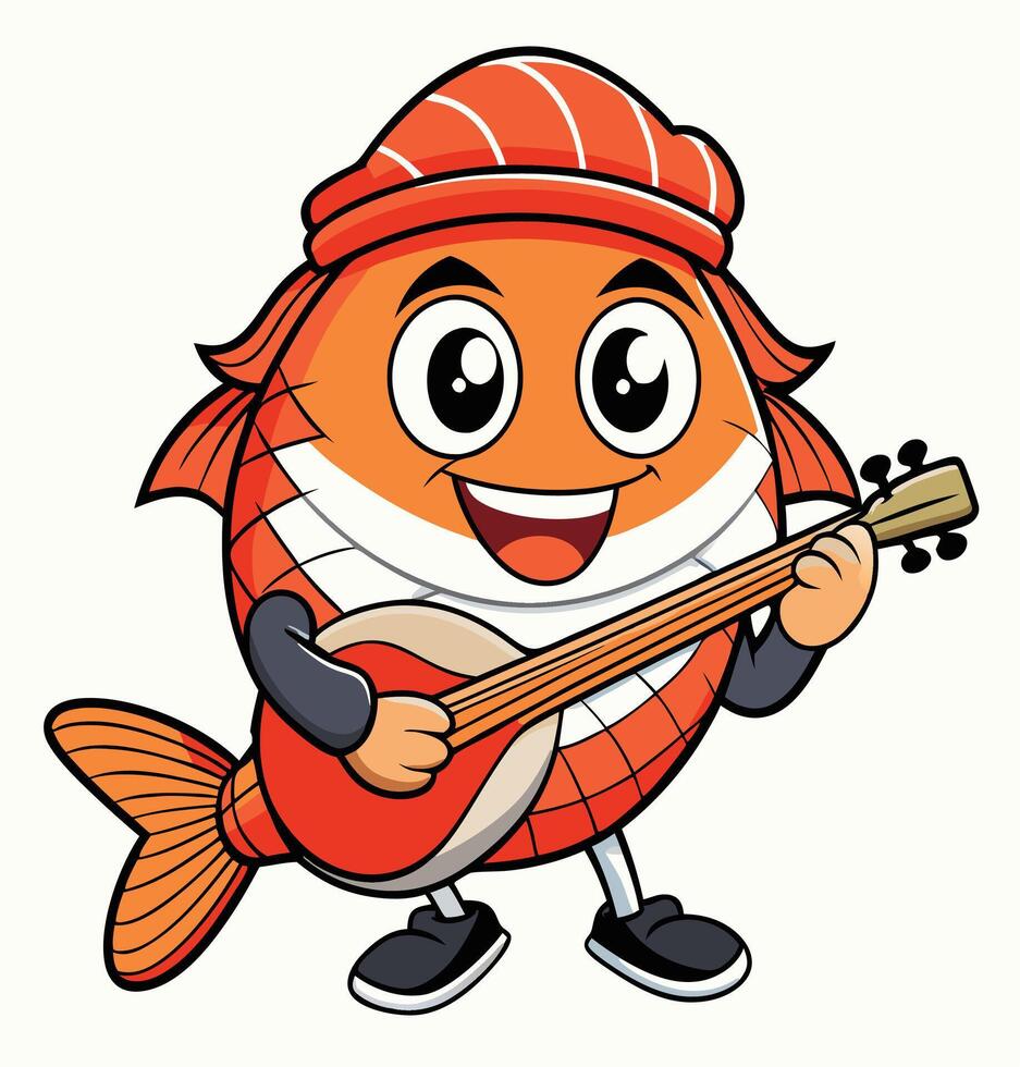 Funny Fish Character Playing Guitar Cartoon Mascot Illustration Design Template vector