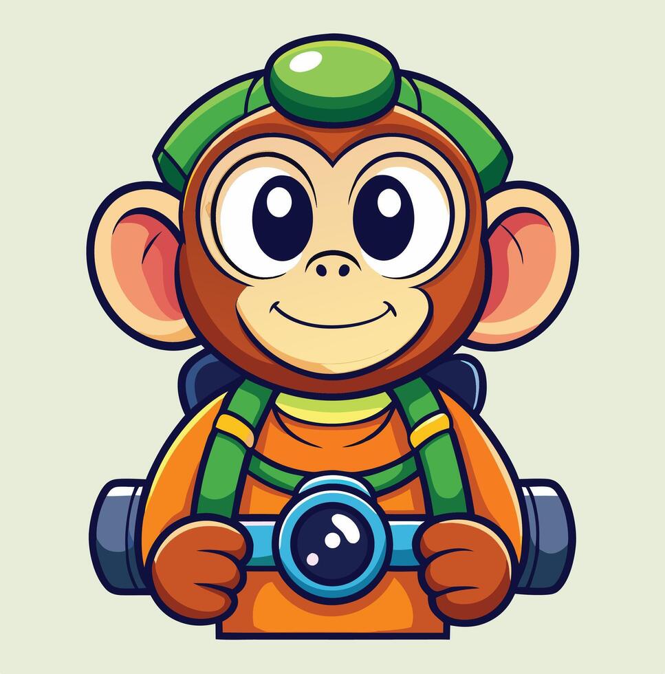 Cartoon Monkey Character Ready For Adventure With Backpack And Headlamp Illustration vector