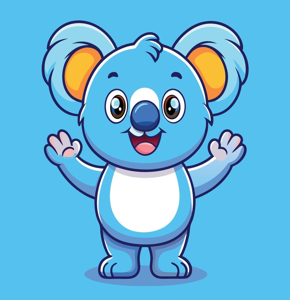 Adorable Koala Cartoon Character Waving Hands With Cheerful Expression On A Blue Background vector