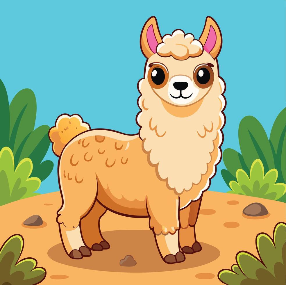 Cute Cartoon Llama Standing In Nature Background Illustration For Children Design vector