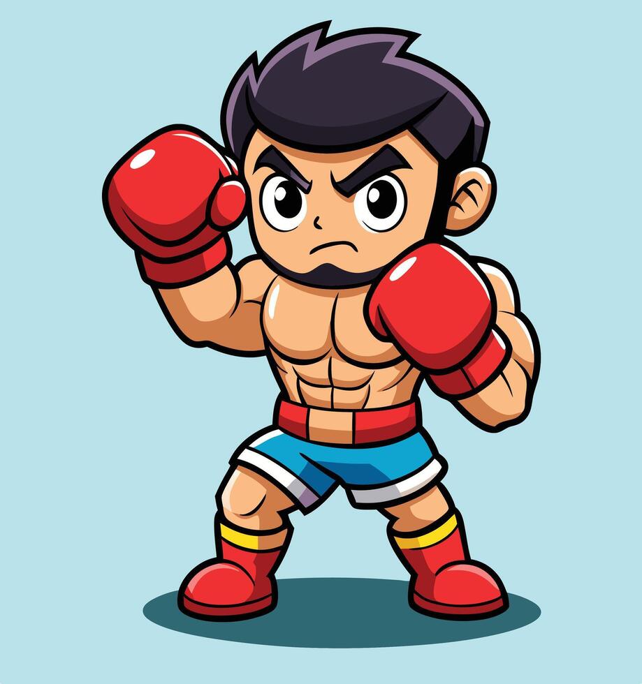 Cartoon Boxer Character Ready To Fight With Red Gloves In Fighting Stance vector