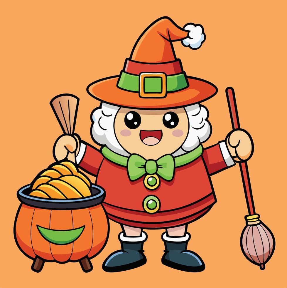 Smiling Witch Cartoon Character Holding Cauldron And Broom On Orange Background vector
