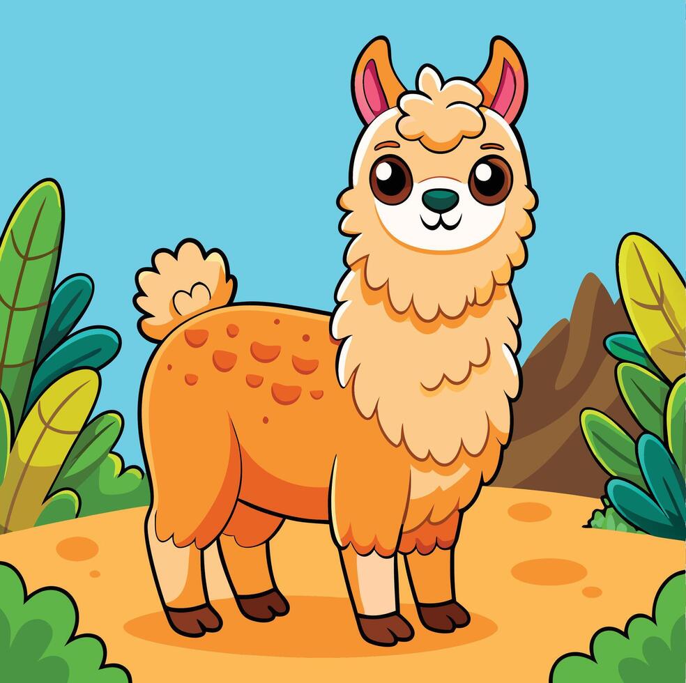 Cute Cartoon Llama Alpaca Standing In A Natural Environment Illustration vector