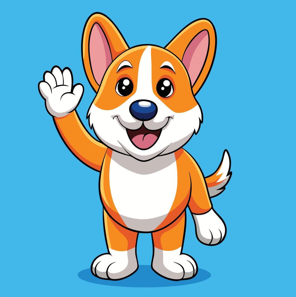 Cartoon Corgi Dog Waving Hand Friendly Character Illustration Isolated On Blue Background vector