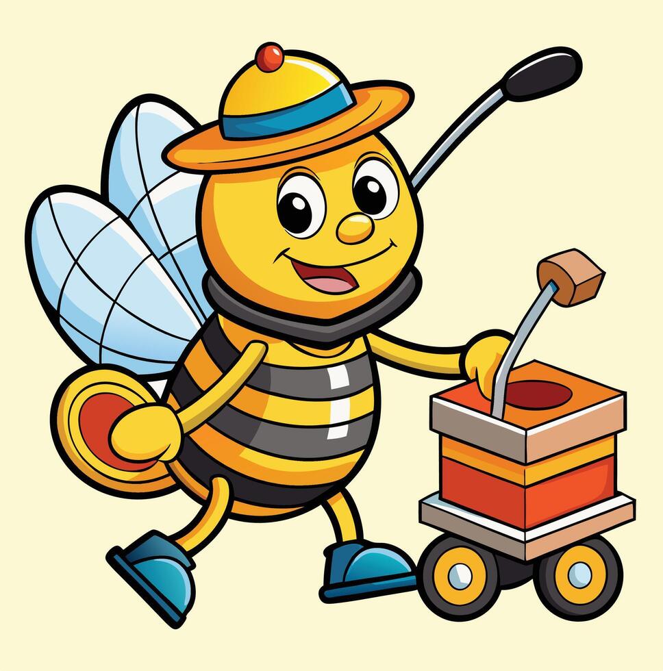 Cheerful Cartoon Bee Worker Pushing A Cart Of Honey Jars In A Field vector