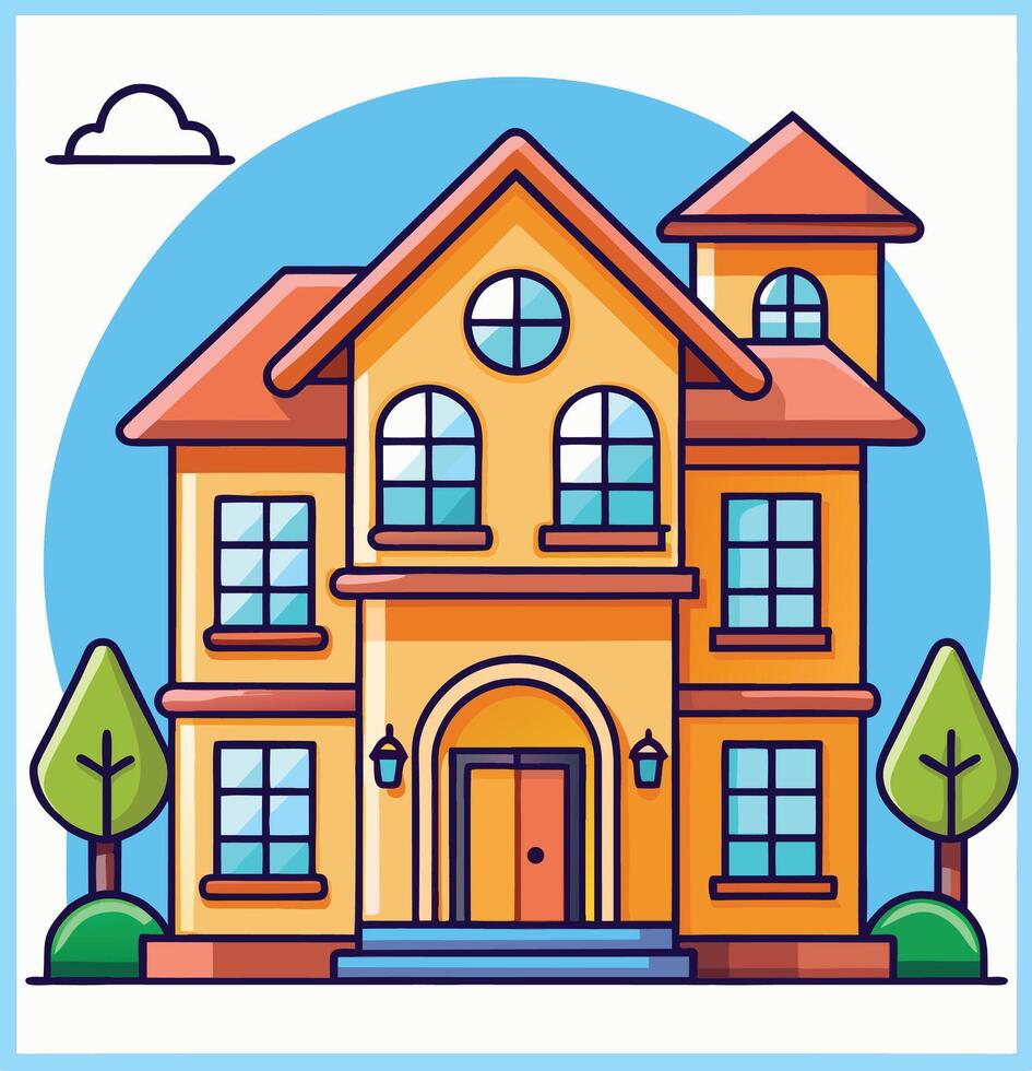 Cartoon Style Illustration Of A Two Story House With Trees vector