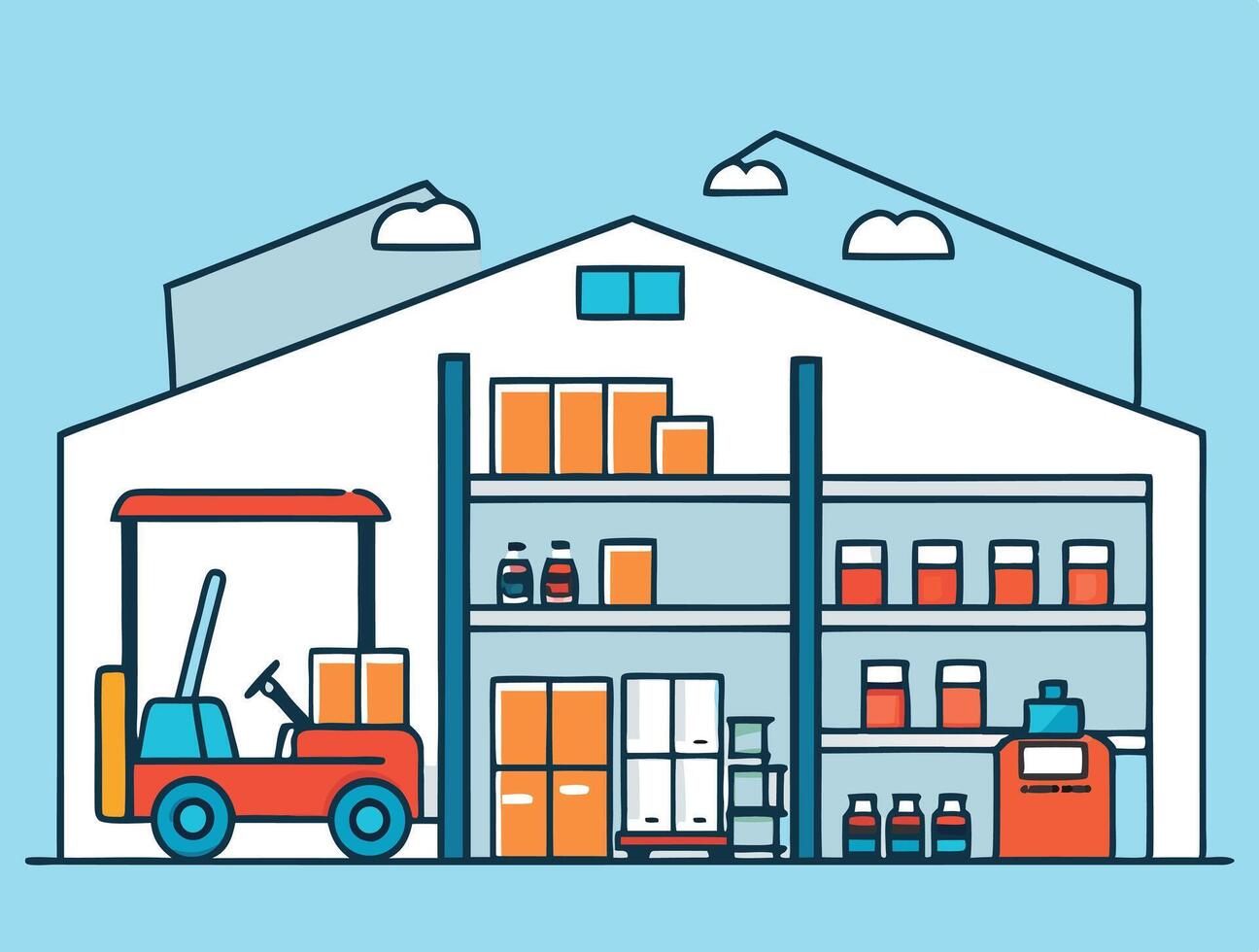 Illustration Of Warehouse Interior With Forklift And Shelves Full Of Goods vector