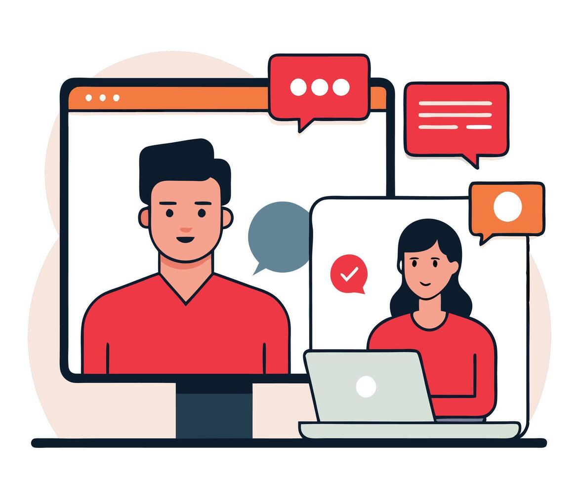 Virtual Meeting Illustration Two People In Online Communication Using Computer Devices vector
