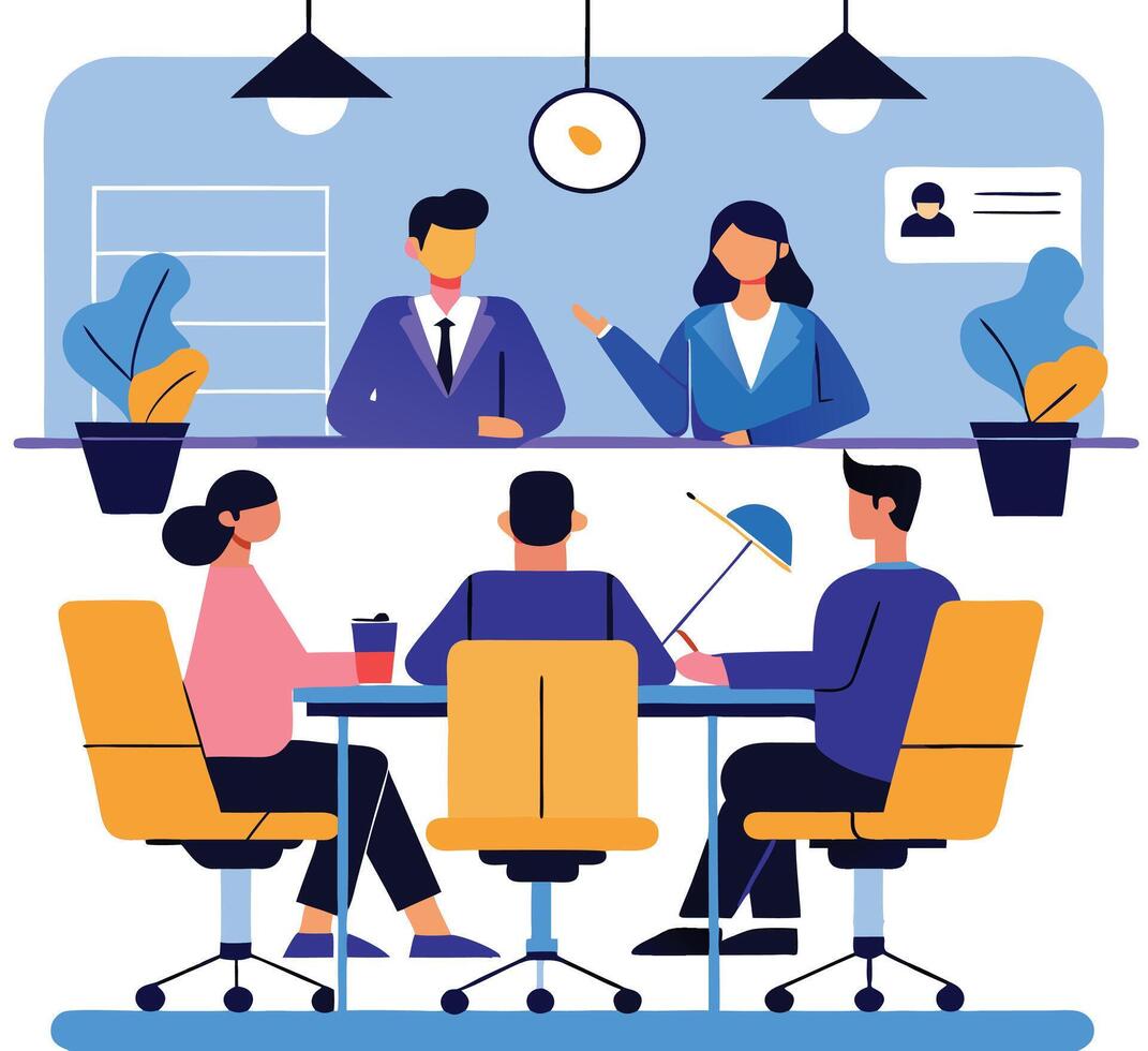 Business Meeting Illustration Featuring Remote Communication And In Person Team Collaboration vector