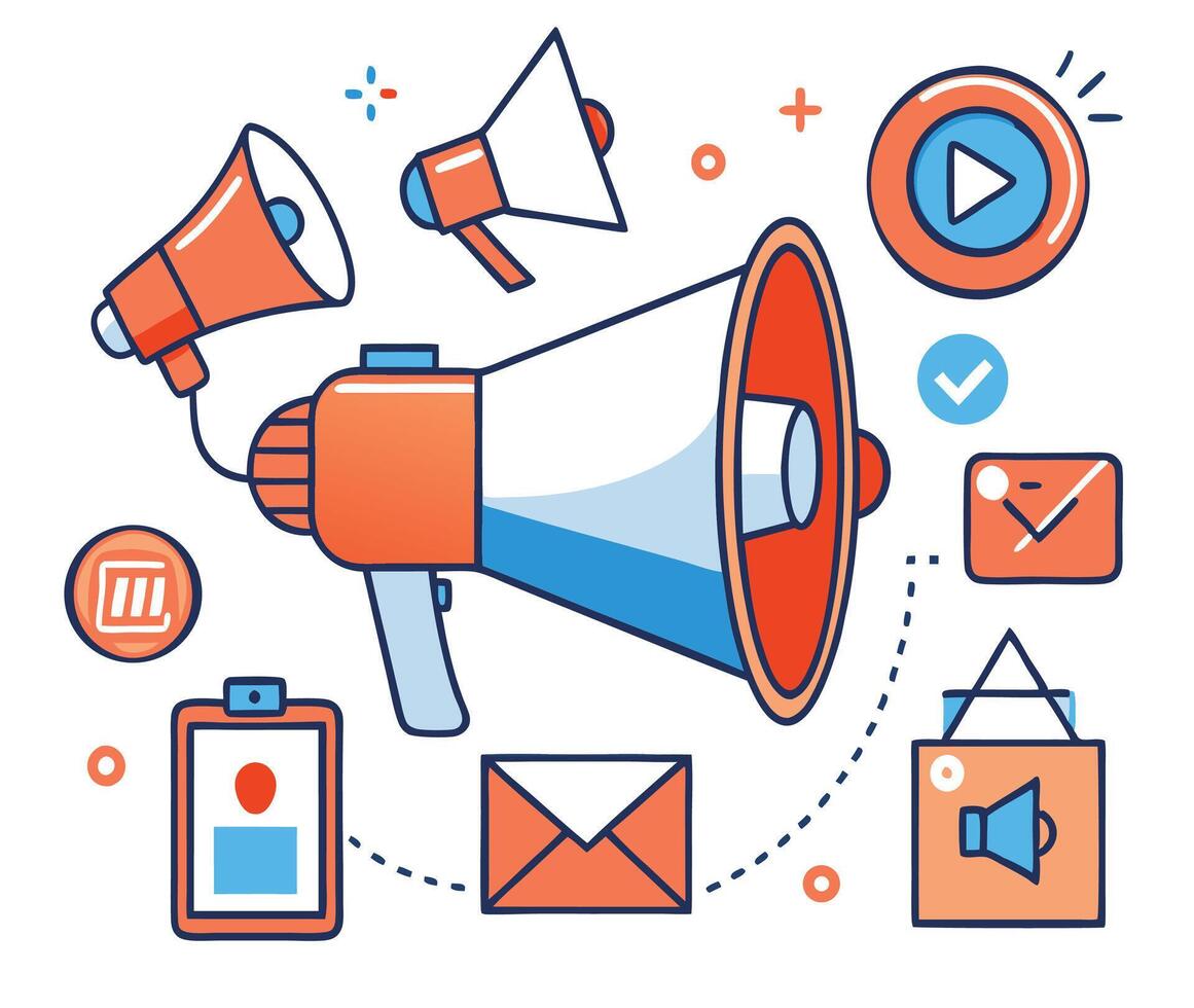 Illustration Of Marketing And Advertising Concepts Featuring Megaphones,Emails,And Checklist vector