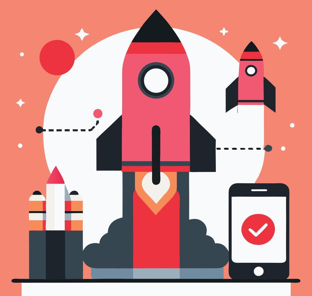 Startup Launch Illustration With Rocket Mobile App And Innovative Elements Design vector
