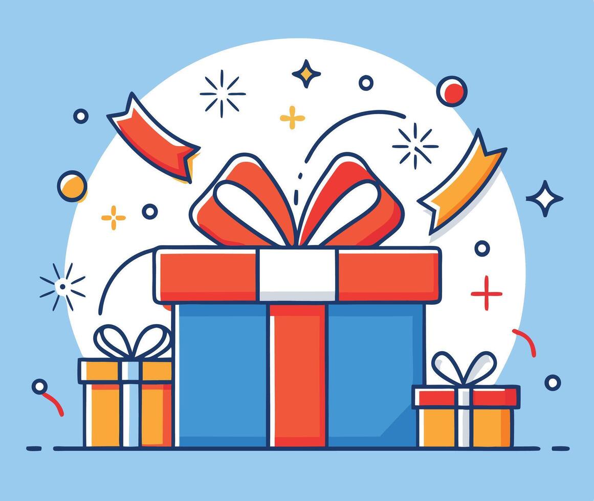 Illustrated Gift Boxes With Red Bows And Celebration Icons On Light Blue Background vector